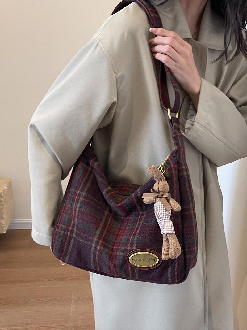 Product Introduction of Women's Fashionable Plaid Pattern Crossbody Bag, Casual Large Capacity Shoulder Bag for Daily Used, Trendy Versatile High-quality Daily Commuting Bag 5