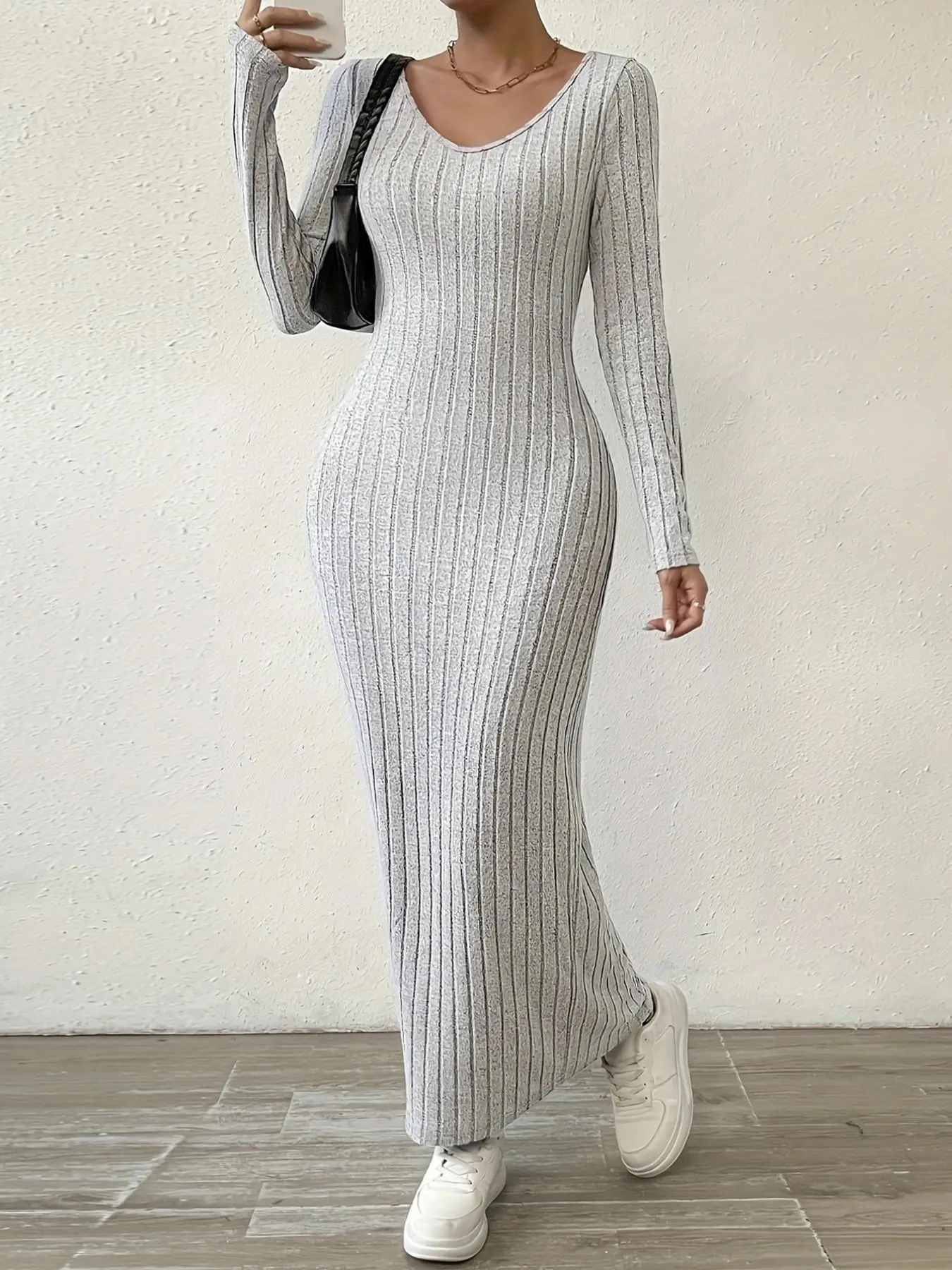Women's Plain V Neck Ribbed Bodycon Dress, Casual Long Sleeve Long Dress for Spring & Fall, Tall Clothing Women, Ladies Clothes for Daily Wear