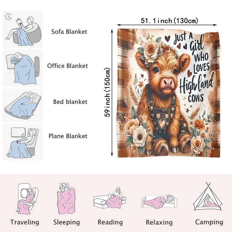 Highland Cow Pattern Blanket, Soft Warm Throw Blanket, Air-conditioned Room Nap Blanket, Comfortable and Stylish Decor Blanket for Home Office 5