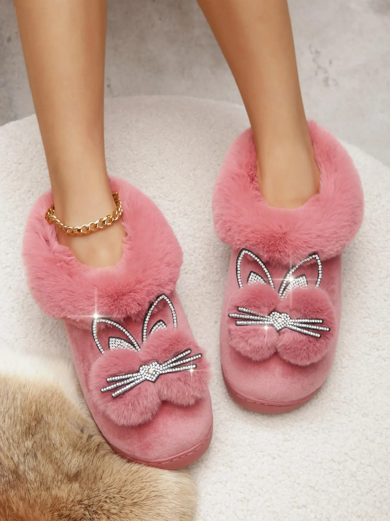 Women's Cute Bowknot Decor Heart Pattern Plush Slippers, Casual Soft Comfortable Home Slippers, Warm Slippers for Indoor & Outdoor Use for Fall & Winter