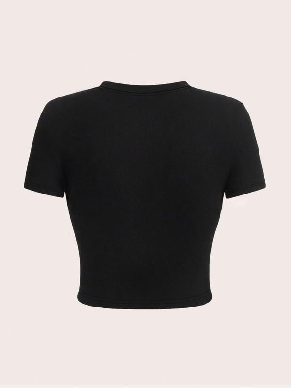 Women's Letter Print Round Neck Crop Tee, Fashion Casual Crew Neck Short Sleeve T-Shirt for Daily Holiday Vacation Outdoor Wear, Ladies Clothes for Summer 1