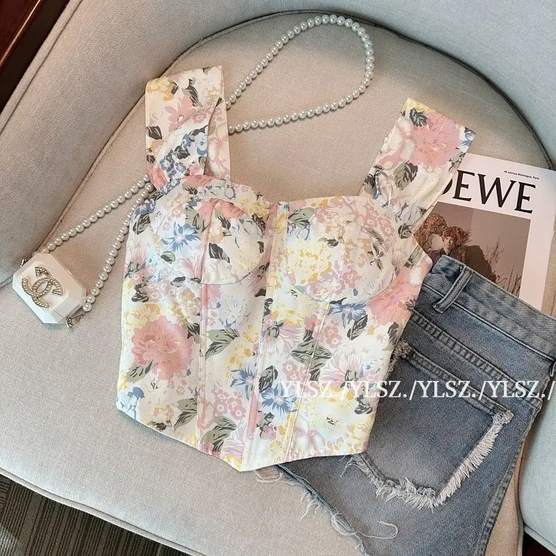Áo Vest Hai Dây Hoa, Phong Cách Dễ Thương Và Gợi Cảm, Thích Hợp Cho Mùa Hè, Có Xương Cá Bên Trong Và Bên Ngoài, Không Tay, Áo Trễ Vai Dễ Thương Và Gợi Cảm, Hợp Xu hướng