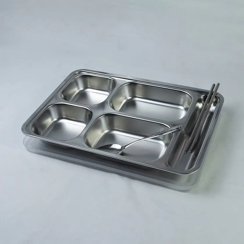 Khay cơm inox 4 ngăn, có ngăn đựng đũa - Inox 201