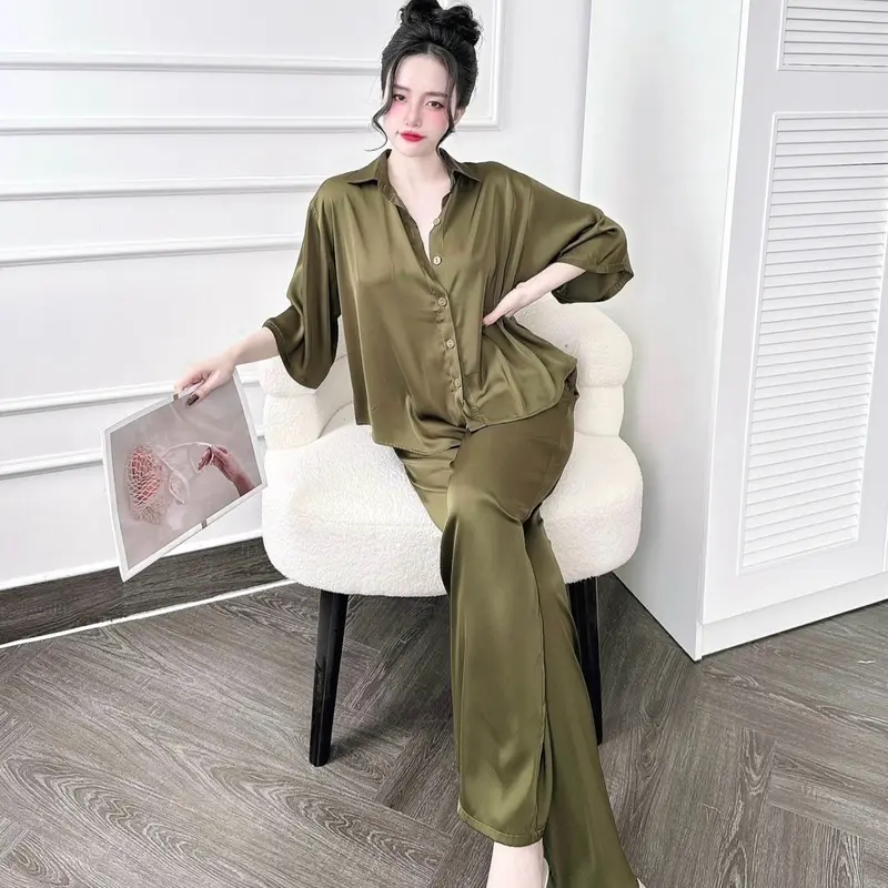 Set Sơ Mi Lụa Latin Tay Lỡ Quần Dài Có Túi (Freesize40-70kg) Women Nữ Áo 8