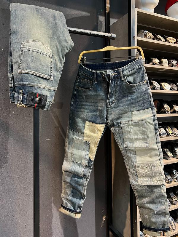 [2 Mẫu] [Jean Denim Guangzhou 5018-3053] Quần Jeans Nam Dài Xanh Đắp Vá Cào Sướt J3596 & J3967  Màu Xanh Đậm Đắp Vá Mẫu Mới K3 STORE