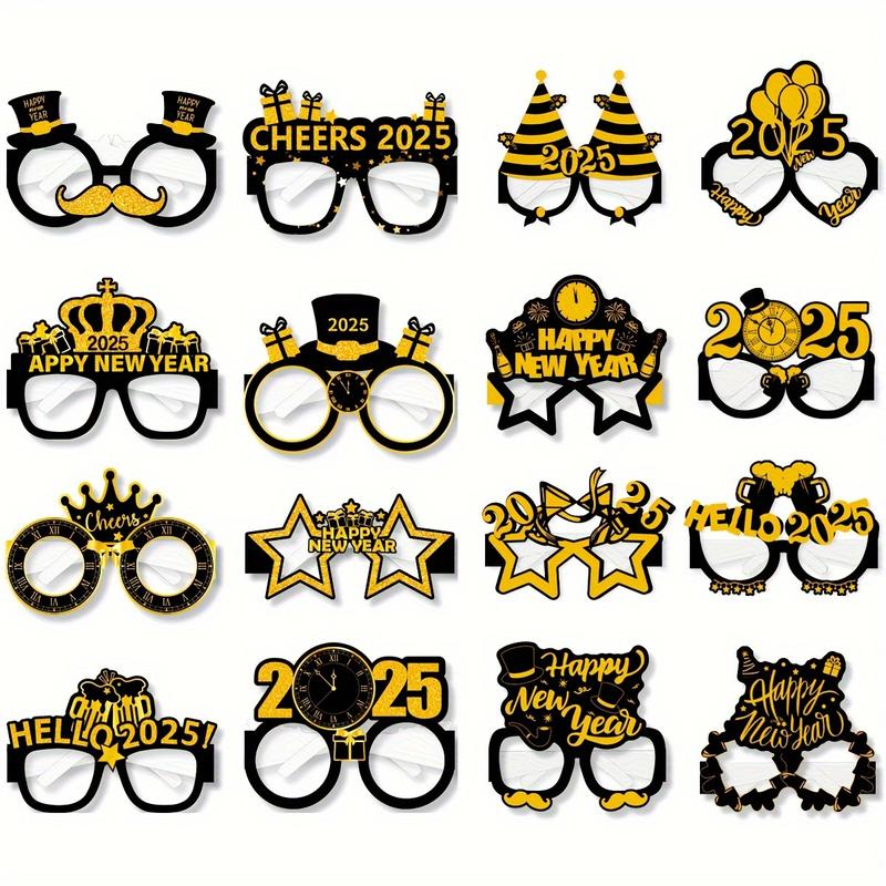 Product Introduction of 16pcs Happy New Year 2025 Photo Booth Props, Black and Golden Paper Glasses, Universal Size, New Year'S Eve Party Supplies and Decorations Accessory Masks 1