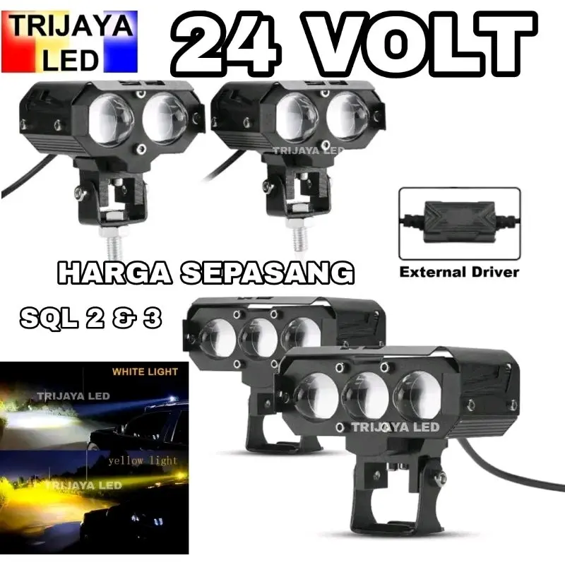 Lampu Tembak Sorot Laser Gun 24 Volt SQL 2 3 Mata LED SQL2 SQL3 Truk Bus Canter Putih Kuning 2 Warna OWL D2 Hi Lo CSP Cutoff Motor Mobil High Low Lasergun Offroad Bar Cree Jauh Dekat Dim Truck Bis Fuso Ragasa Traktor Tronton Foglamp Mini Driving Worklight 0