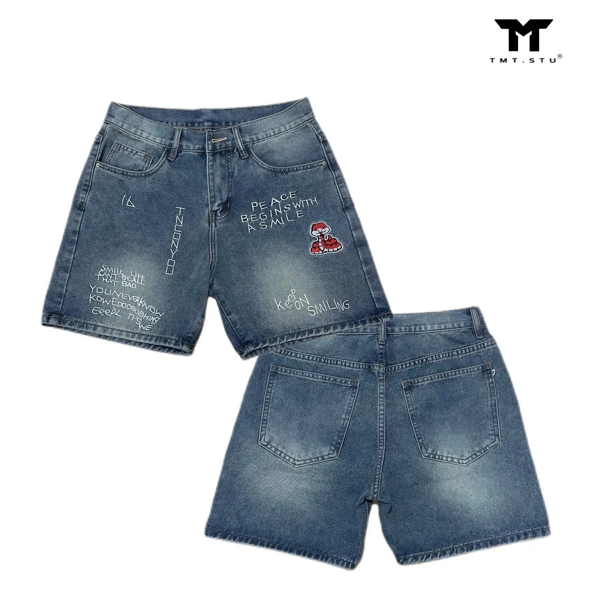 SHORT JEANS EMBROIDERED “SNAKE” FOR TET 2025 FORM TMT.STU - Mang Trên Gối, Unisex Nam Nữ.