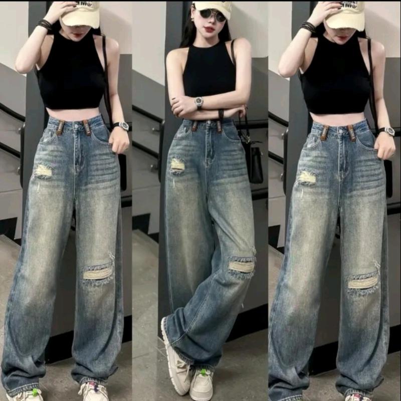 Quần jean suông rách gối màu xanh bụi phủ bạc (màu dơ bụi )5641