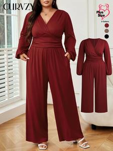 CURVZY Plus Size Solid Ruched Wrap V Neck Jumpsuit, Elegant Bishop Sleeve Jumpsuit for Party Holiday Wedding Guest, Women's Clothes for Fall