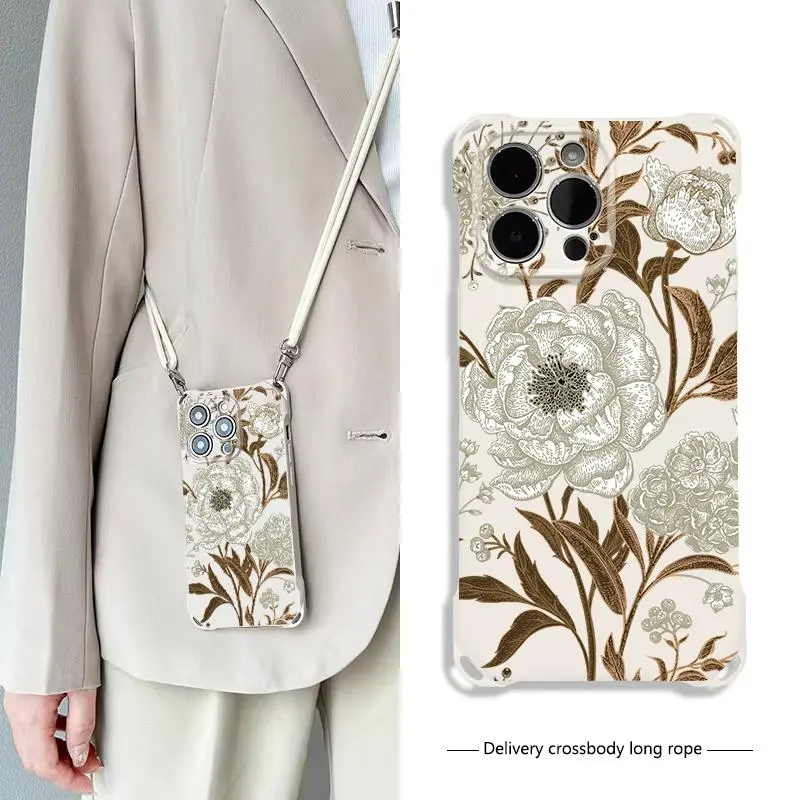 Floral Pattern Phone Case with Lanyard, Elegant Phone Cases for iPhone 16 Pro Max, Phone Accessories, Cover