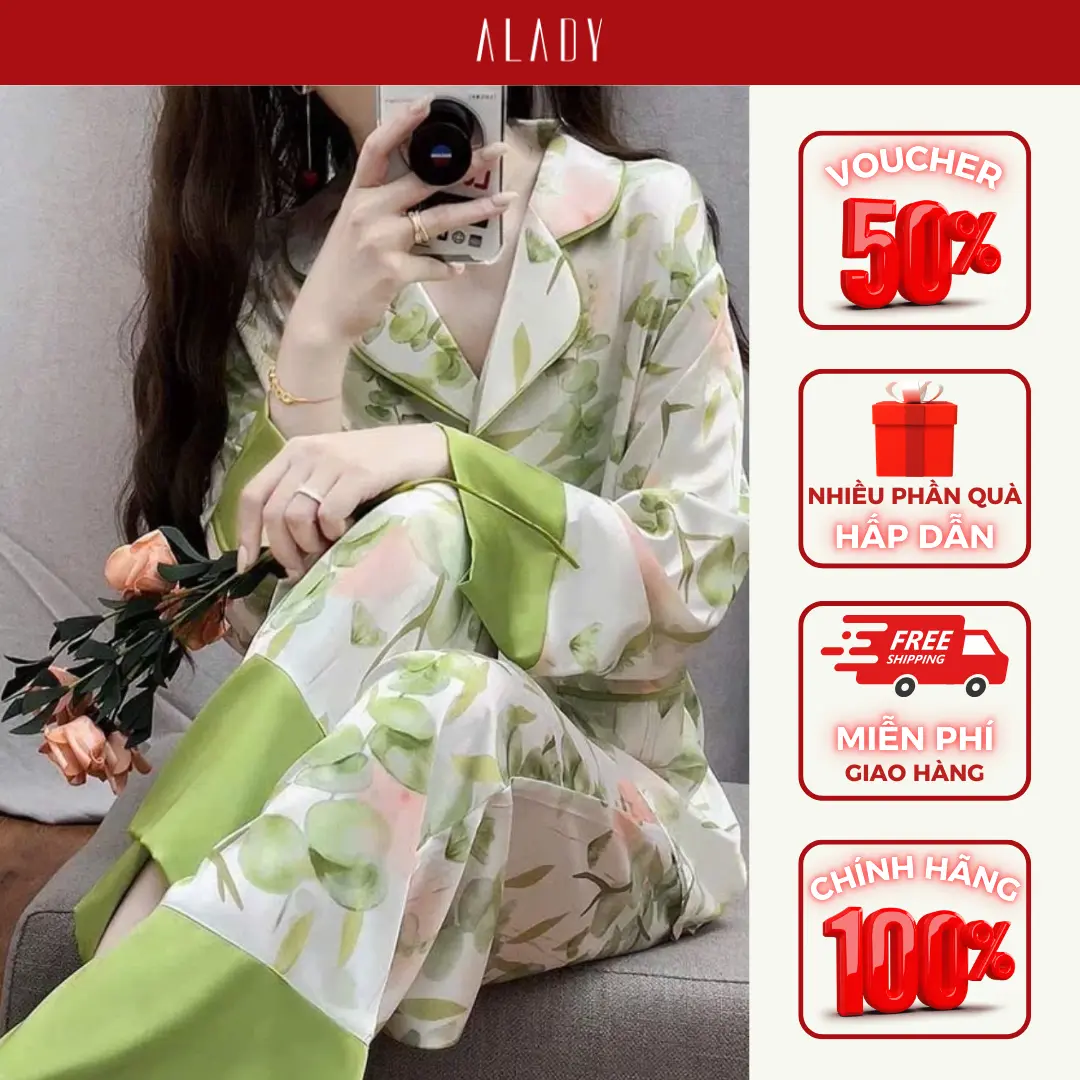 ALADY TD002 - Đồ bộ Pijama Dài Tay trắng viền xanh lá họa tiết hoa lá mùa xuân chất liệu lụa Latin trơn mịn, mềm mại, nhẹ nhàng dịu dàng Quần Ngủ Áo Ngủ Tay Dài
