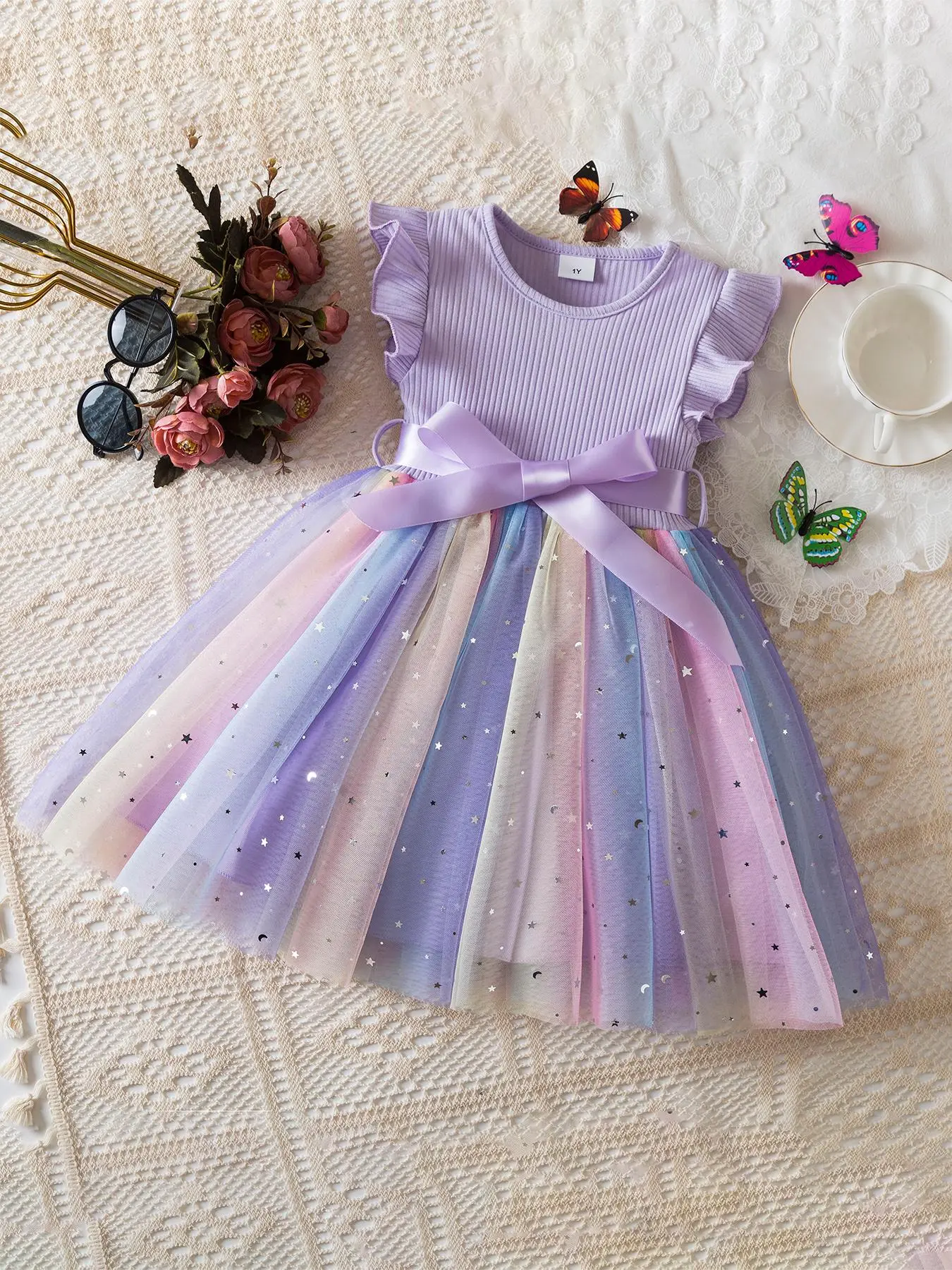 Girl's Contrast Rainbow Stripe Mesh Bow Decor Dress, Cute Casual Sleeveless A Line Dress for Party Holiday, Kids Summer Clothes, Kids Fancy Dress