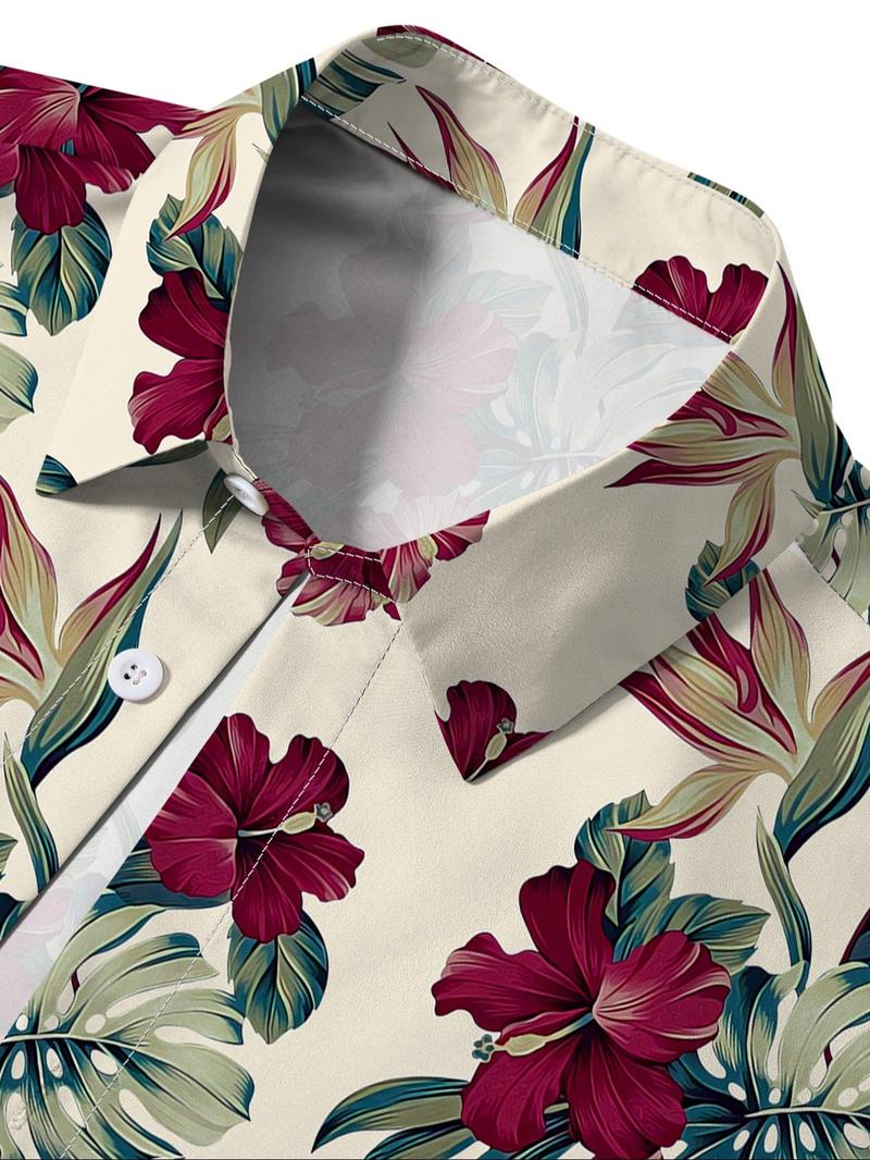 Product Introduction of Men's Floral Print Button Front Shirt, Regular Fit Casual Short Sleeve Pocket Collar Top for Summer, Fashion Men's Clothes for Beach Vacation 15