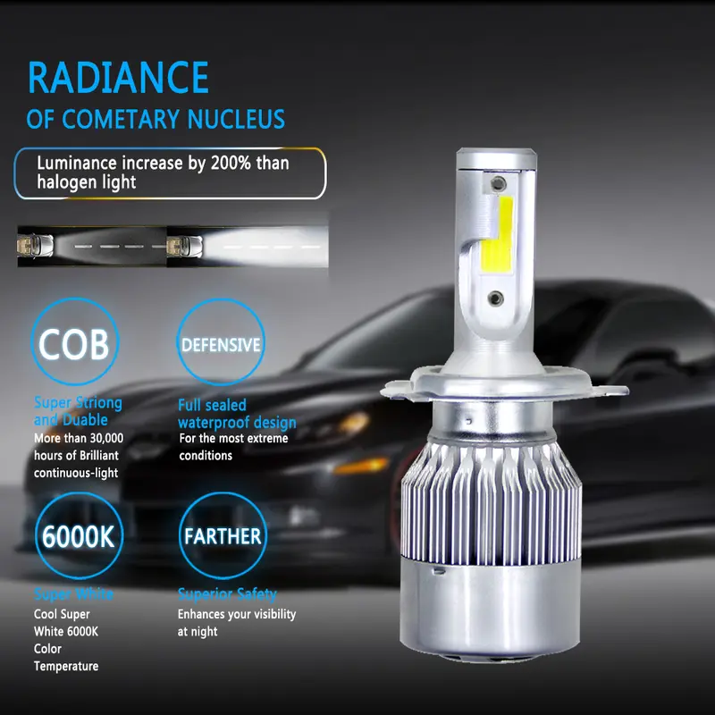 Bóng đèn LED cho đèn pha ô tô, Bộ chuyển đổi tất cả trong một C6 h4 H7 9003 hi / low, 2 chiếc, Chip COB, 3800 LM, Bóng đèn chùm trắng mát 6000K, Chống thấm nước IP68, Thích hợp cho đèn pha ô tô 6