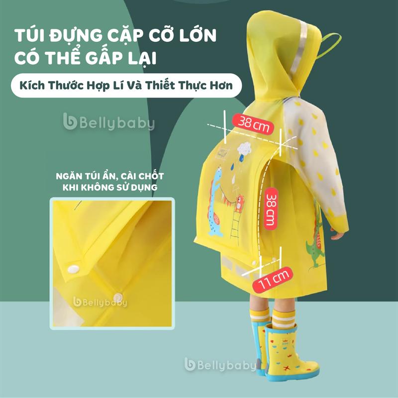 Áo mưa cho bé Belly Baby, Áo mưa trẻ em cho bé trai, bé gái có ngăn đựng balo, màu sắc dễ dương, chất liệu EVA an toàn 3
