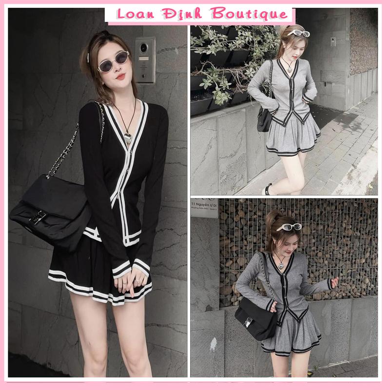 Set Bộ Len Tăm Chạy Viền Mí Chân Váy Ngắn Cổ Đen Xám Ghi Cúc Cài Đồ Bộ Nữ Chân Váy 2 Lớp Thu Đông Loan Định Boutique LD135 Áo Thun