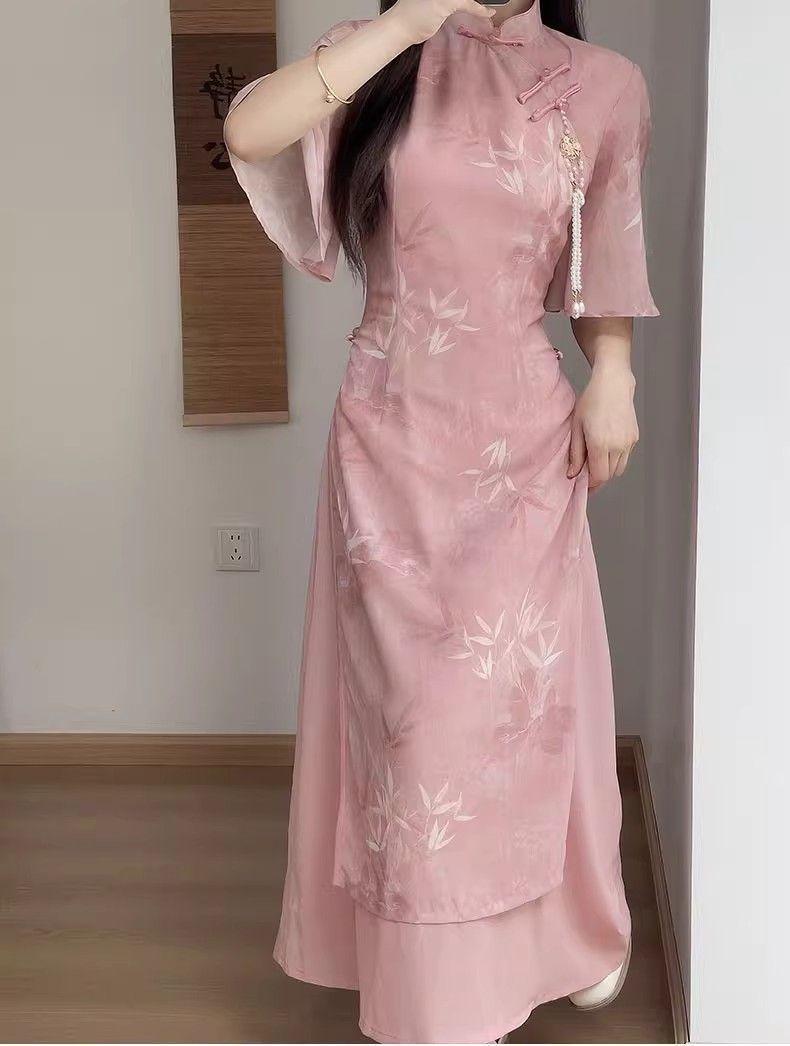 Product Introduction of Áo Dài, Sườn Xám Ao Dai Hồng, Thiết Kế Trung Quốc Mới, Cải Tiến Mới, Thích Hợp Cho Các Cô Gái Trẻ Và Dáng Ôm, Mặc Mùa Hè, Thích Hợp Cho Các Hoạt Động Hàng Ngày, Quần Áo Trà 8