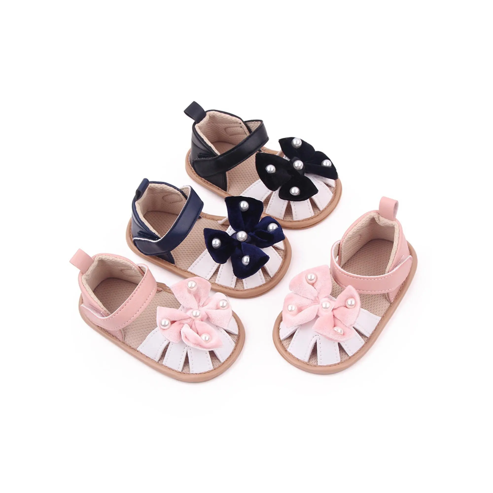 Baby Toddler Girls Sandal, PU leather Bowknot Pearls Non-slip Summer Flat Shoes for Casual Daily