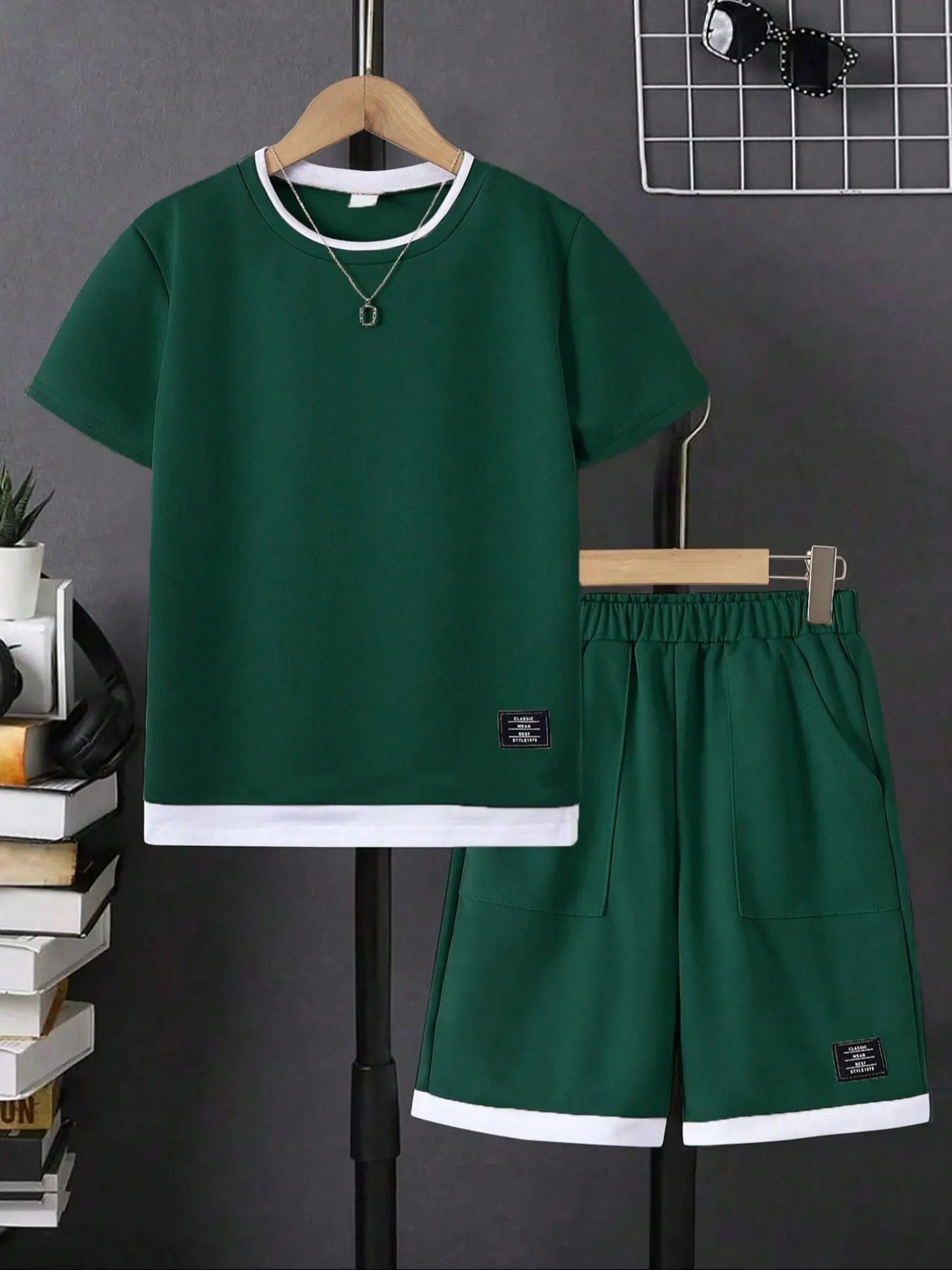 Boy's Summer Clothes Letter Patched Drop Shoulder Tee & Elastic Waist Shorts Set, Casual Soft Comfy Short Sleeve T-Shirt & Pocket Track Shorts, Kid's Summer Clothes