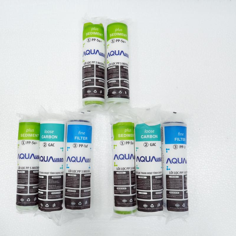 Combo 8 lõi lọc nước 123 Aqua - Gồm 4 lõi số 1, 2 lõi số 2, 2 lõi số 3 tặng tay công