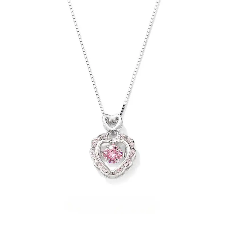 Titanium Steel Necklace Flexible Heart Pink Diamond Necklace Female Summer Light Luxury Heartbeat Frequency Clavicle Chain