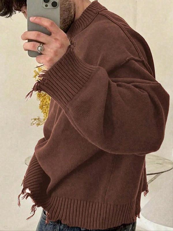 Men's Solid Ripped Drop Shoulder Sweater, Loose Casual Long Sleeve Round Neck Jumper for Fall & Winter, Men's Knitwear for Daily Wear 2
