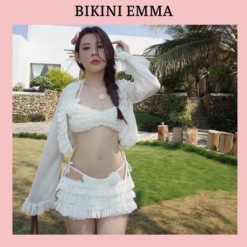Bộ 4 Món Bèo Thiết Kế EMMA Đính Hoa Chất Liệu Lưới Phong Cách Nữ Tính Gồm Áo Bikini + Quần Chip + Chân Váy Bèo + Áo Khoác - Women