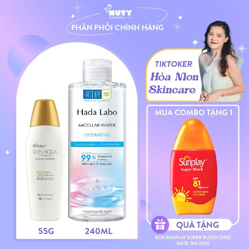[Tặng KCN 30G-DATE 4/2026 ] Combo Nước tẩy trang sạch sâu dưỡng ẩm Hada Labo Micellar Water Hydrating 240ml + Sữa Chống Nắng Sunplay Skin Aqua Clear White 55g