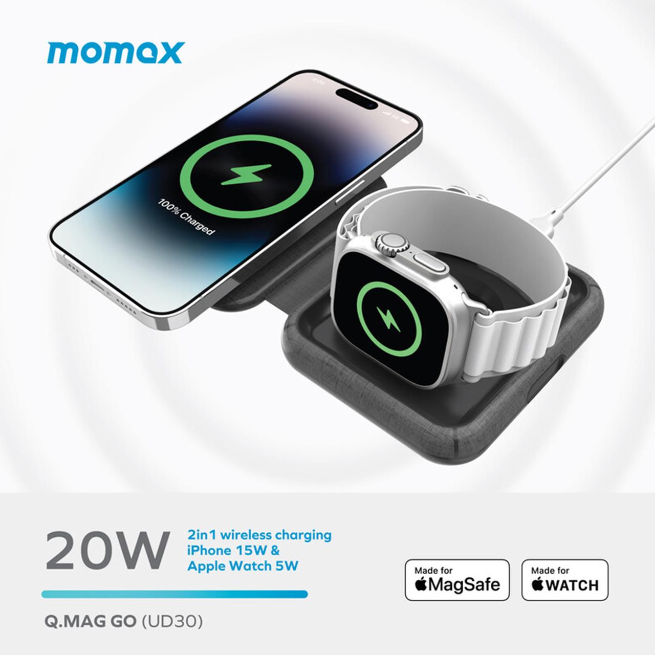 Wireless Charger Momax Q.Mag Go 20W MagSafe MFi 2 in 1 Fast Charging