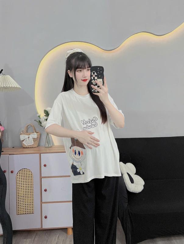 (50-100kg) Mẫu bộ đồ bầu Bigsize áo là chất cotton, quần chất thun tăm 2 màu dễ mặc 3
