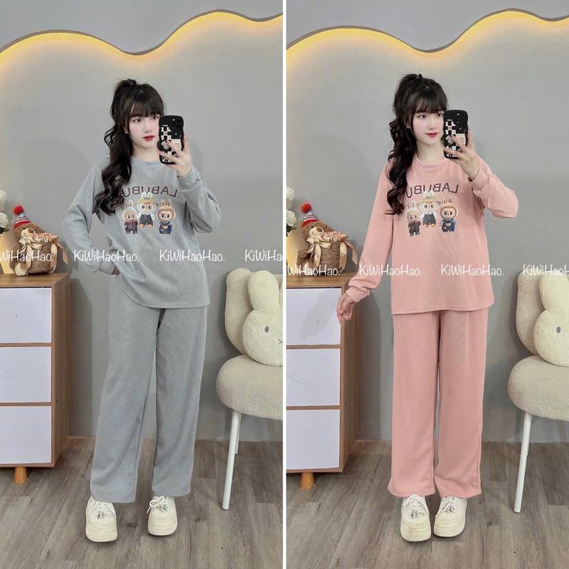  COMBO 2 Bộ đồ bầu và sau sinh Thu Đông hình Labubu chất tăm hàn có vạt vén ti và chun chỉnh Free size 40-70kg dành cho mẹ bầu 