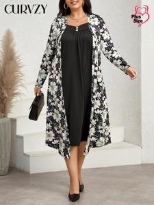 CURVZY Plus Size Floral Print BUtton Decor Dress, Elegant Long Sleeve Dress, Women's Plus Clothing for Spring & Fall
