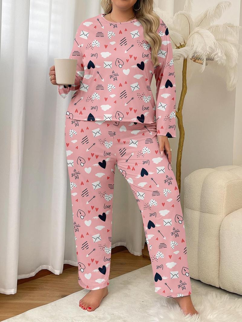 Product Introduction of Plus Size Heart & Envelope Print Long Sleeve Tee & Pants Pyjama Two-piece Set, Casual Comfy Round Neck Top & Trousers PJ Set, Women's Sleepwear for Fall & Winter 1