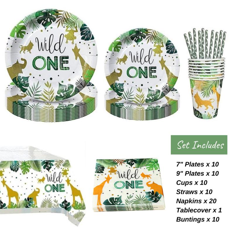 Disposable Wild One Jungle Safari Birthday Tableware Set - Plates, Cups, Napkins, Tablecover, Straws 1