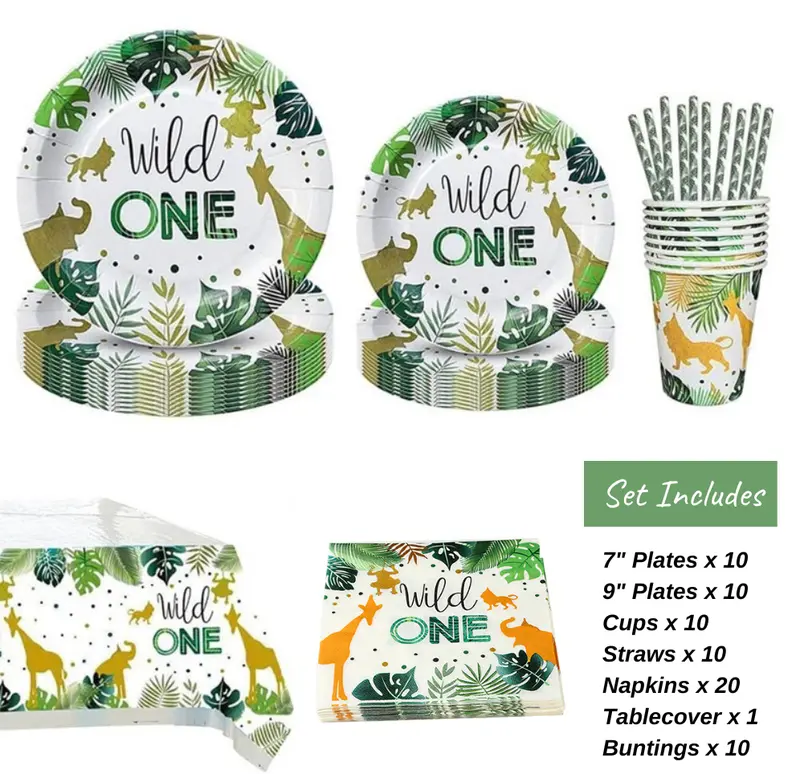 Disposable Wild One Jungle Safari Birthday Tableware Set - Plates, Cups, Napkins, Tablecover, Straws 1