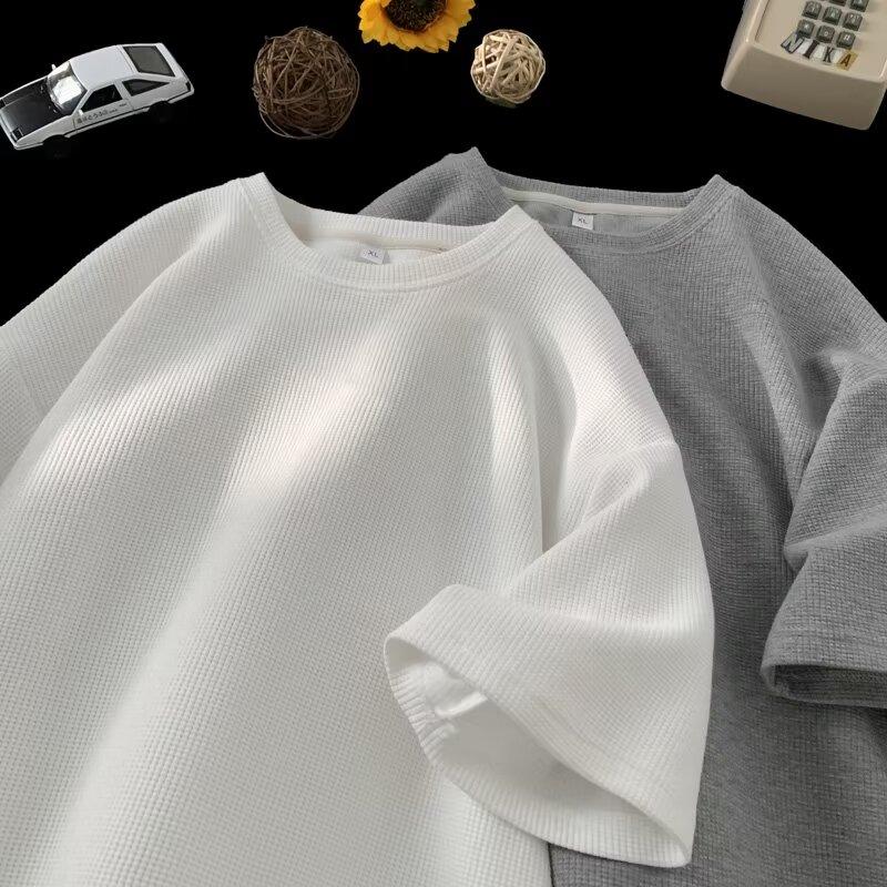 Product Introduction of M-8XL Korean Basic Waffle Oversize Top Men Casual Loose Plain Short Sleeve Plus Size T Shirt 3