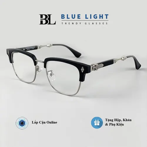 Gọng Kính Cận, Kính Giả Cận Nam Nữ, Mắt Vuông Chrome Heart Hoạ Tiết Cao Cấp - BLUE LIGHT