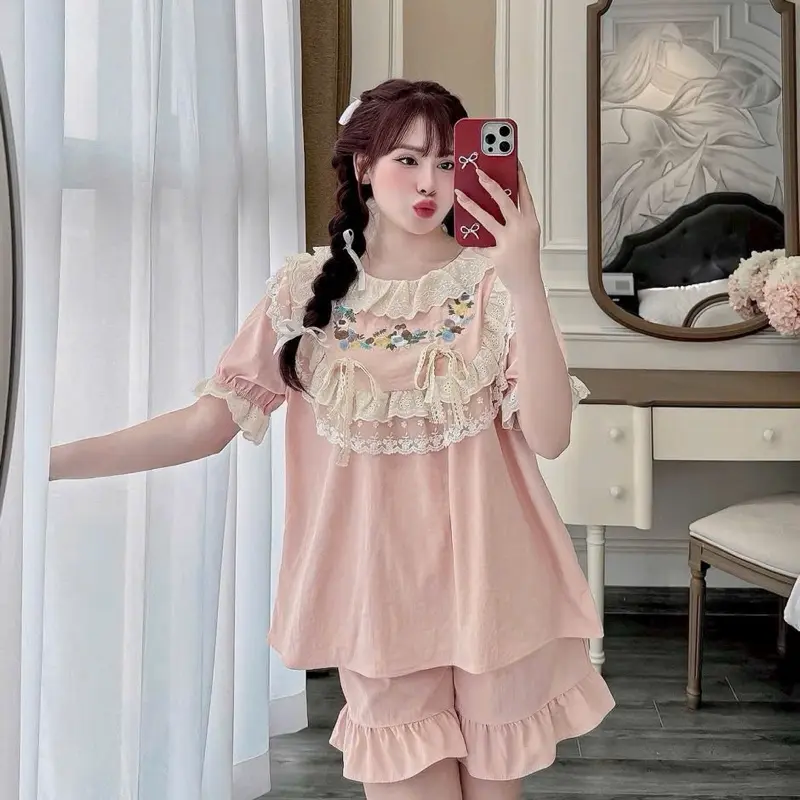 Đồ bộ mặc nhà, Set pijama tiểu thư cổ bèo thêu hoa,đồ ngủ bánh bèo thô đũi siêu xinh dành cho nữ
