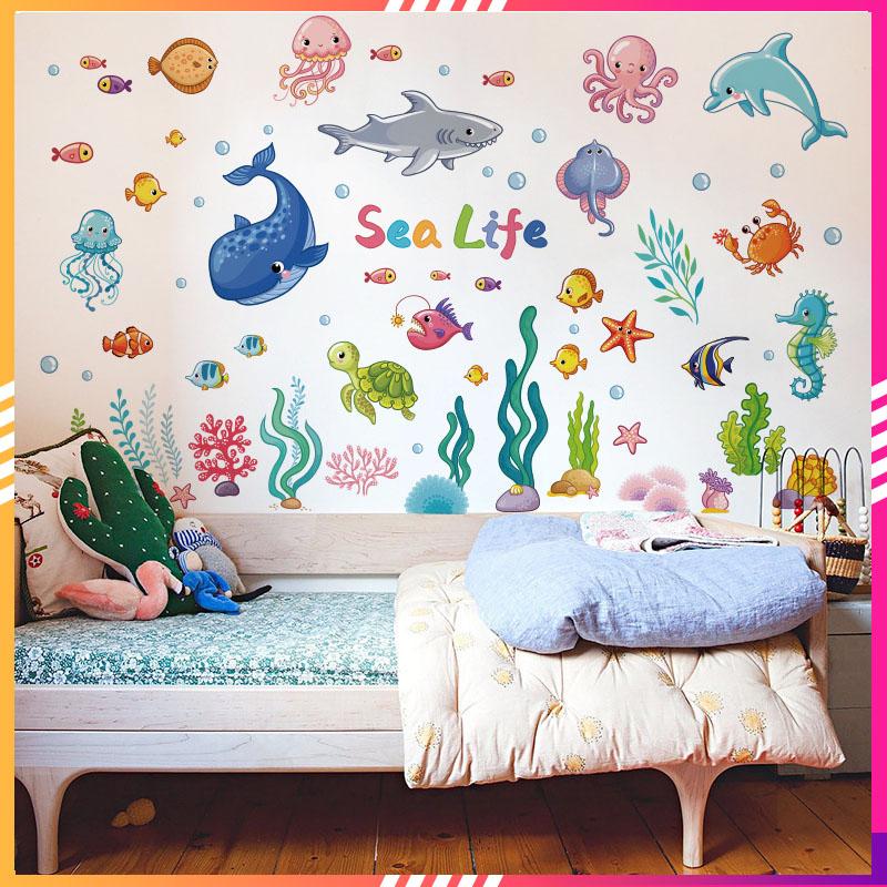 Hình dán tường, decal động vật biển cá voi cá heo dán tường cho bé , đại dương và động vật dưới biển cho bé học Decor