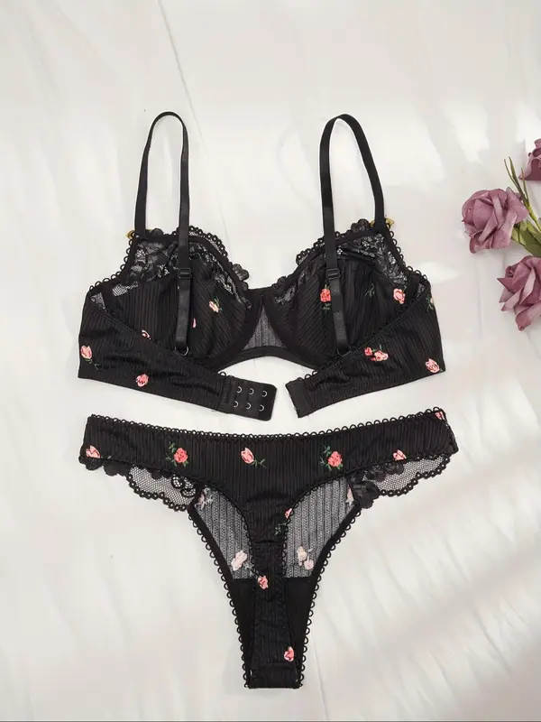 Women's Ditsy Floral Print Contrast Lace Bra & Panty Set, Floral Decor Adjustable Strap Bra & Knicker, Summer Wear 2024, Summer Clothes Women, Ladies Lingerie Set Valentine's Day, Underwear for Women 7