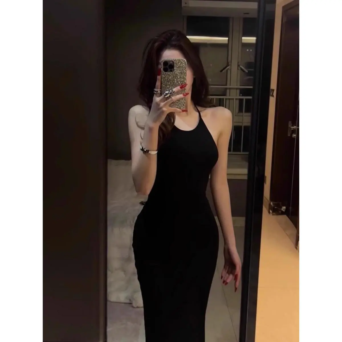 D2829-Elegant socialite black backless hanging neck dress for women in autumn, niche design, sleeveless lace up wrap buttocks dress, long skirt