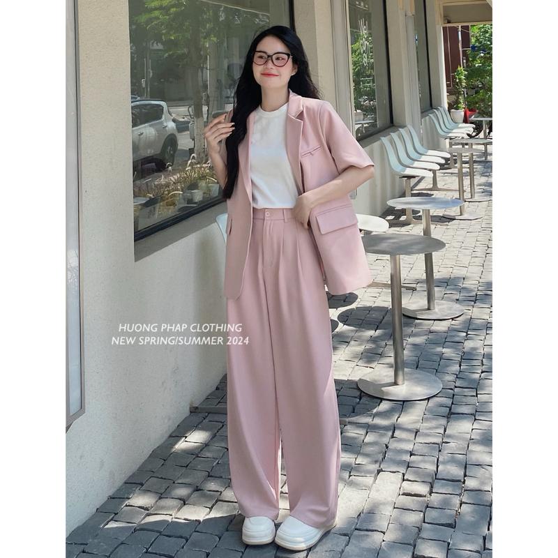 SET BLAZER VEST HÈ ÁO BLAZER MÀU HỒNG PASTEL CÙNG QUẦN ỐNG XUÔNG ĐỨNG FORM HÀNG QC LOẠI 1 BY HUONGPHAPCLOTHING