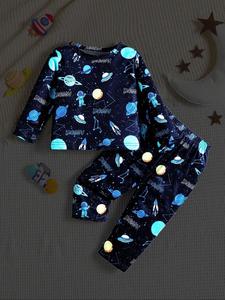 Two-piece Set Boy's Galaxy Print Glow in The Dark Tee & Elastic Waist Pants Set, Casual Round Neck Top & Trousers for Fall  Winter, Kids Clothes for Daily Wear