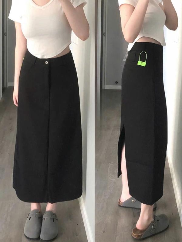 Chân váy Bigsize 04 trơn dáng dài cạp cao, khuy gài có túi che khuyết điểm đùi to đủ size 50kg đến 100kg - Women, Nữ