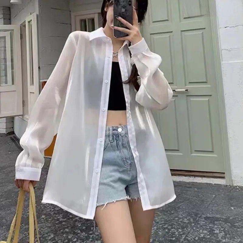 Basic id fashion Kemeja transparan oversize / kemeja ceruti belahan belakang / kemeja gaya korea style kekinian Fit Ceruty Wanita Atasan Remaja Casual Baju Panjang