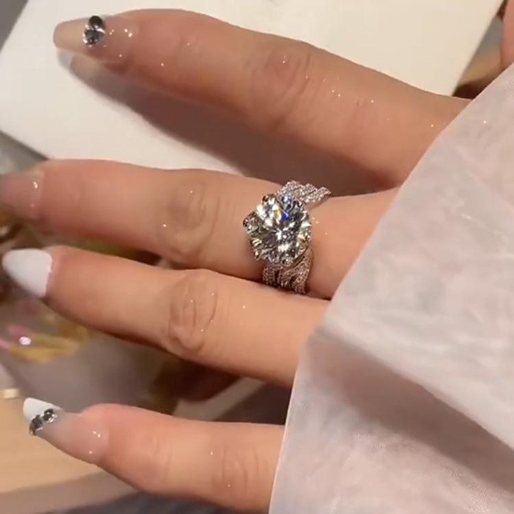 Electroplated Zircon Ring, Simulation Moissanite 5 Karat Big Diamond III Love Ring, Casual All-Match Three Rows Full Diamond Line Ring Diamond Ring Prop Ornaments 1