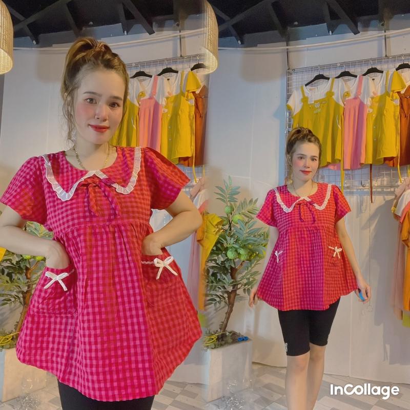 Áo Bầu Karo cổ bèo hai túi xinh 45-95kg có nút chỉnh hai bên