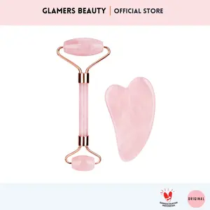 Glamers Beauty - Jade Roller Plus Guasha - Rose Quartz Guasha and Face Roller Face Lifting Manual Hijau/pink/black Wajah Komedo Facial guasha Jaderoller Kuas