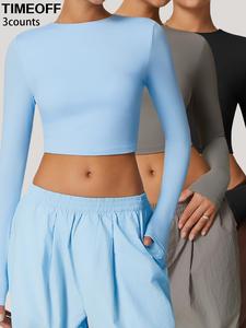 TIMEOFF Women's Solid Color Long Sleeve Sauna Tee, Sporty Round Neck T-shirt for Yoga Gym Workout, Ladies Sportswear for All Seasons